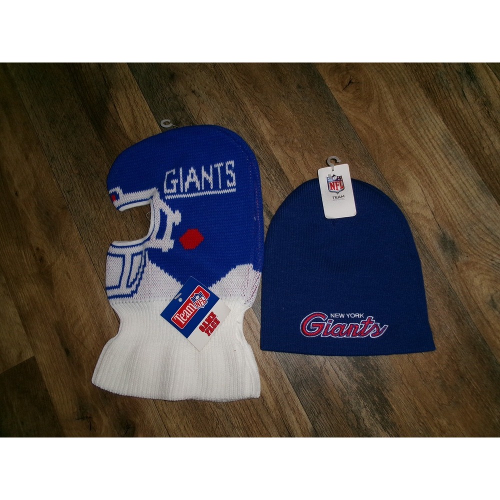 2PC LOT NEW YORK GIANTS BEANIE KNIT TOBOGGAN SCRIPT Y2K SKI HAT CAP VINTAGE J1